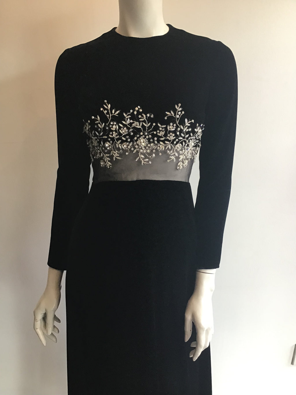 1960's Malcolm Starr Black Silk Velvet Evening Dress with rhinestone and Crystal detailing on bodice illusion waist Size 5/6