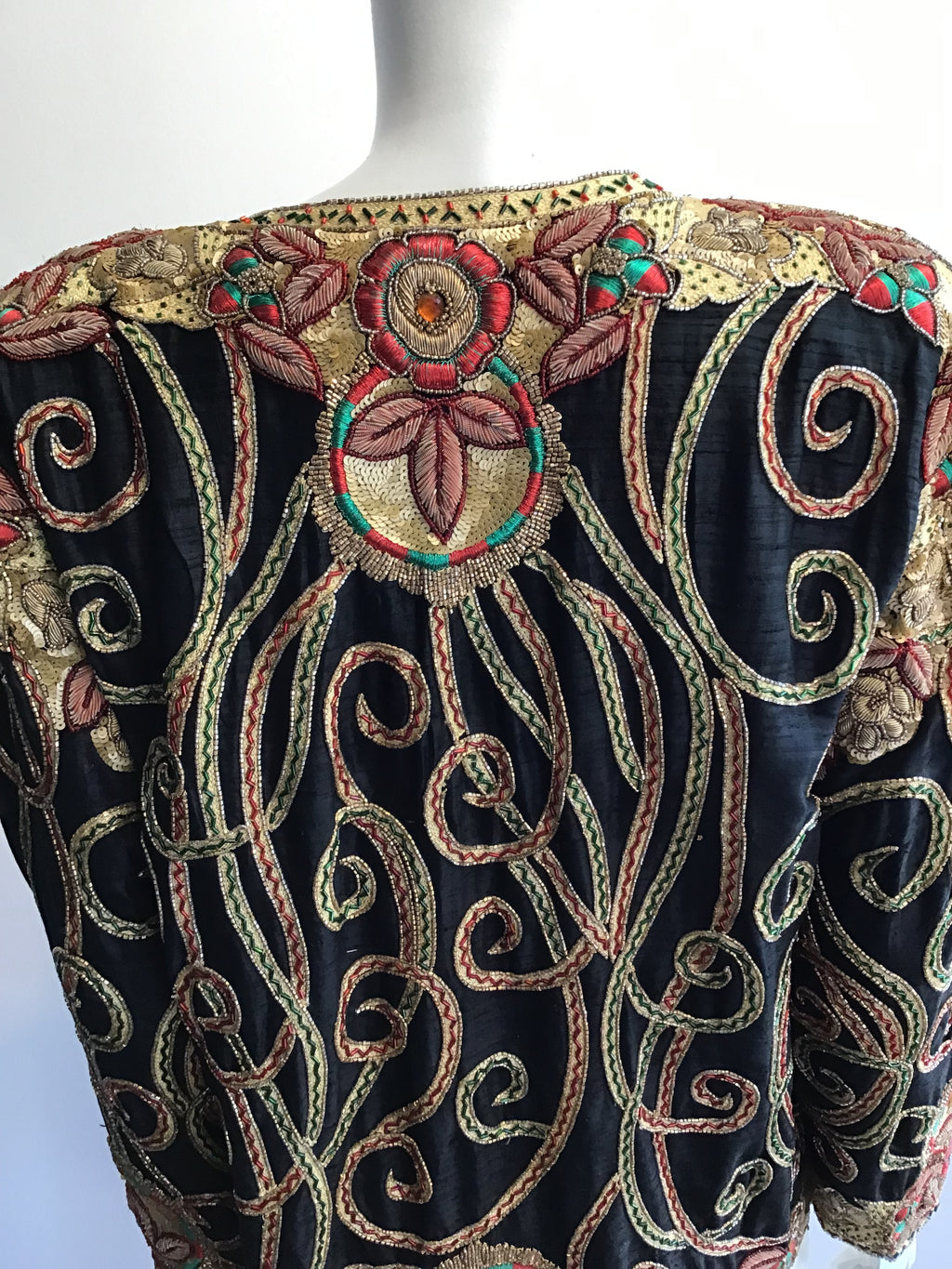 1980’s Black Silk Gold Embroidered and Sequined Evening Jacket Size 8
