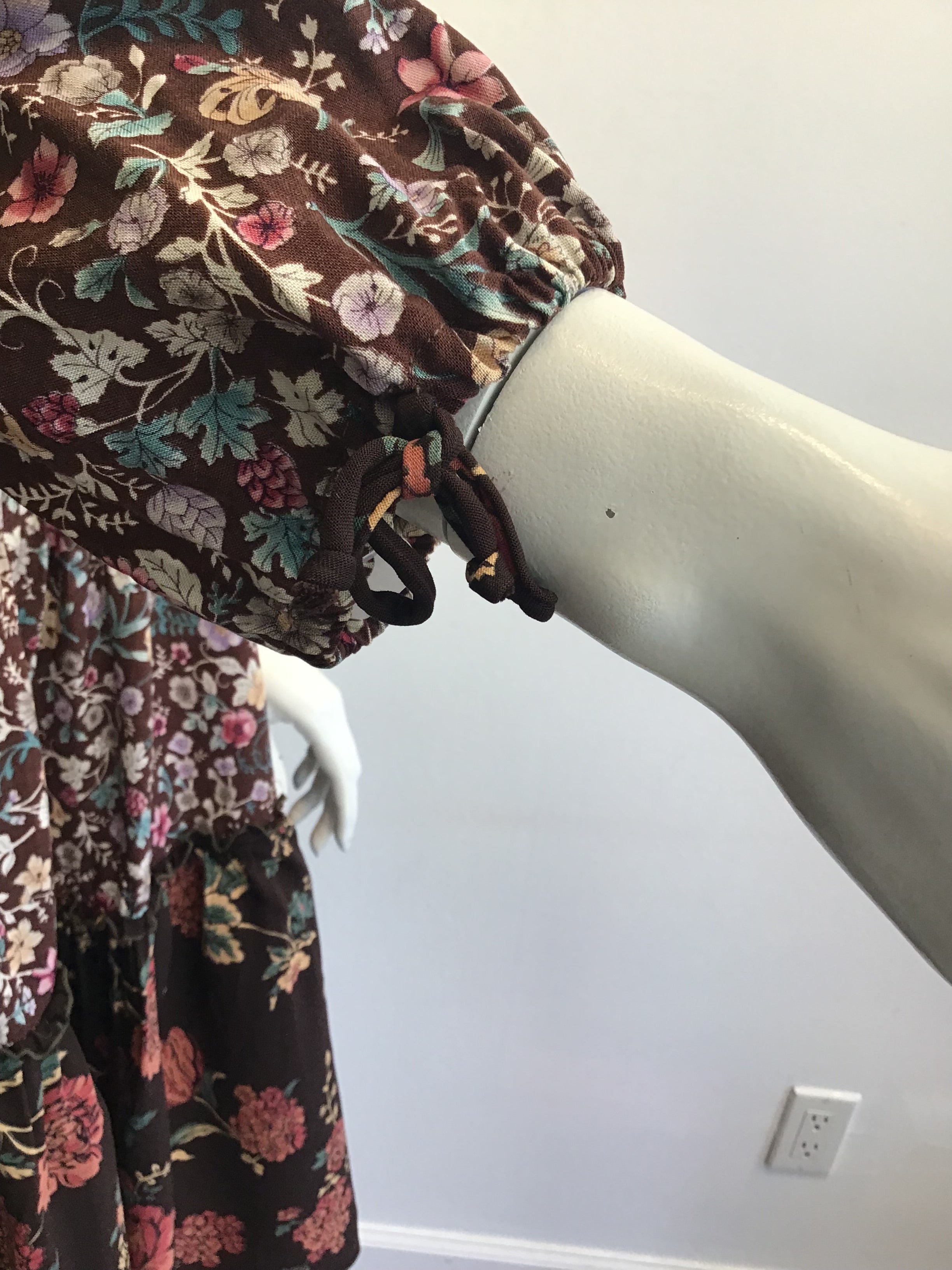 1970s Brown Floral Cotton Dress Size 4