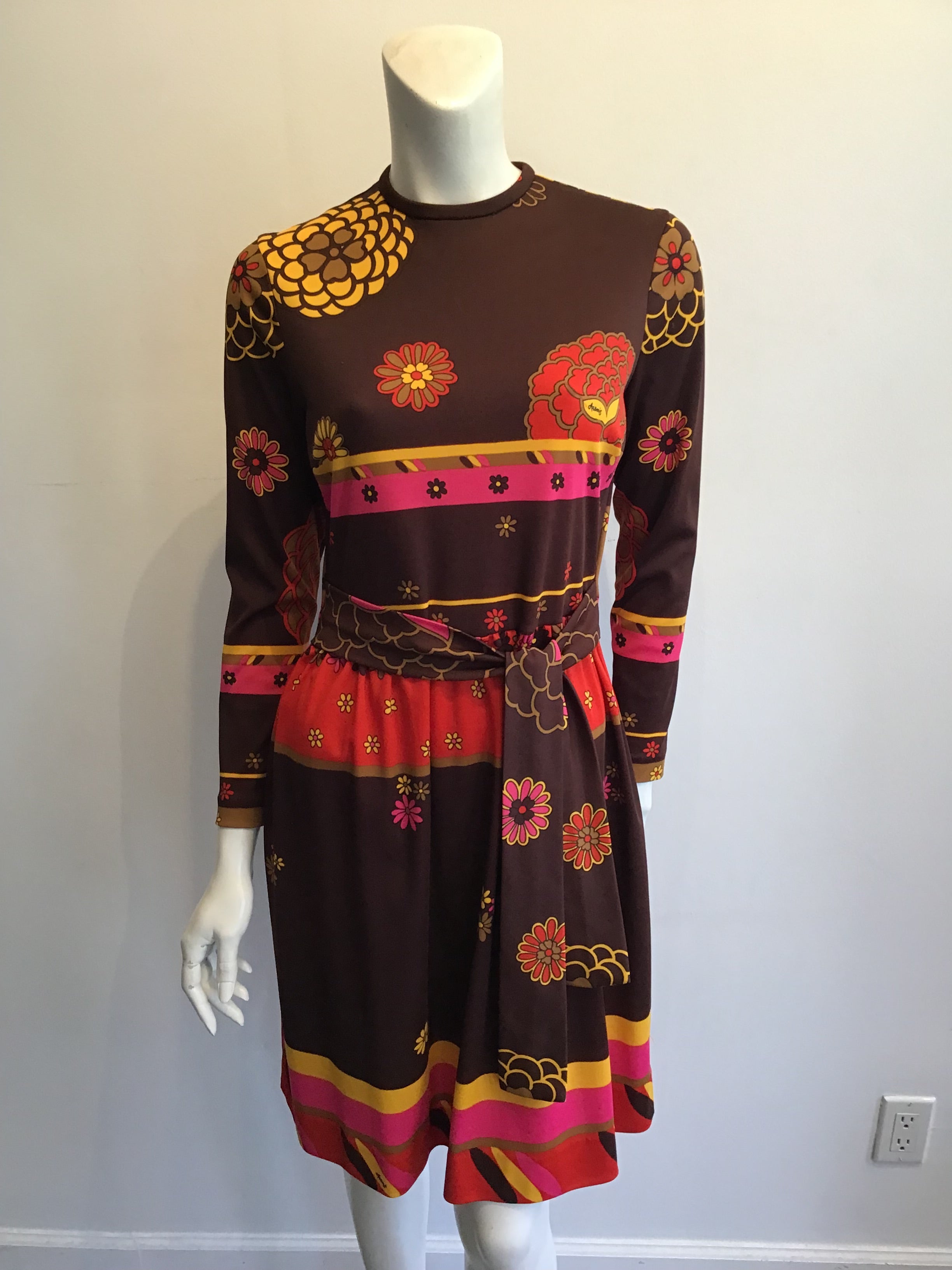 1970s Artemis Polyester Blend Brown Multicolor Dress Size 10