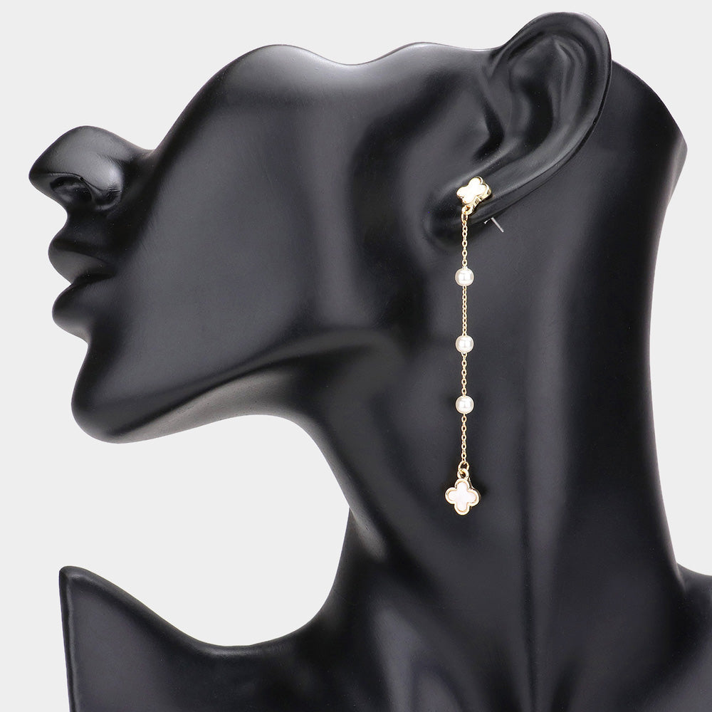 Mother of Pearl Quatrefoil Pearl Link Linear Dangle Earrings
