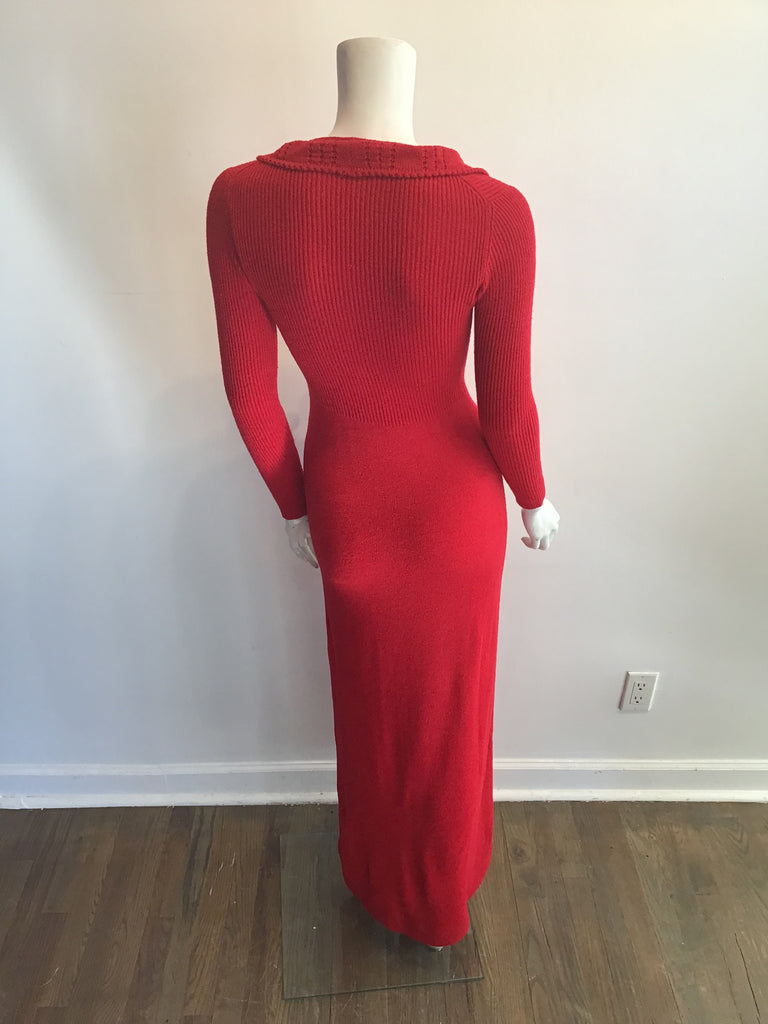 1970s Red Acrylic Knitted Mxi Dress Size 8