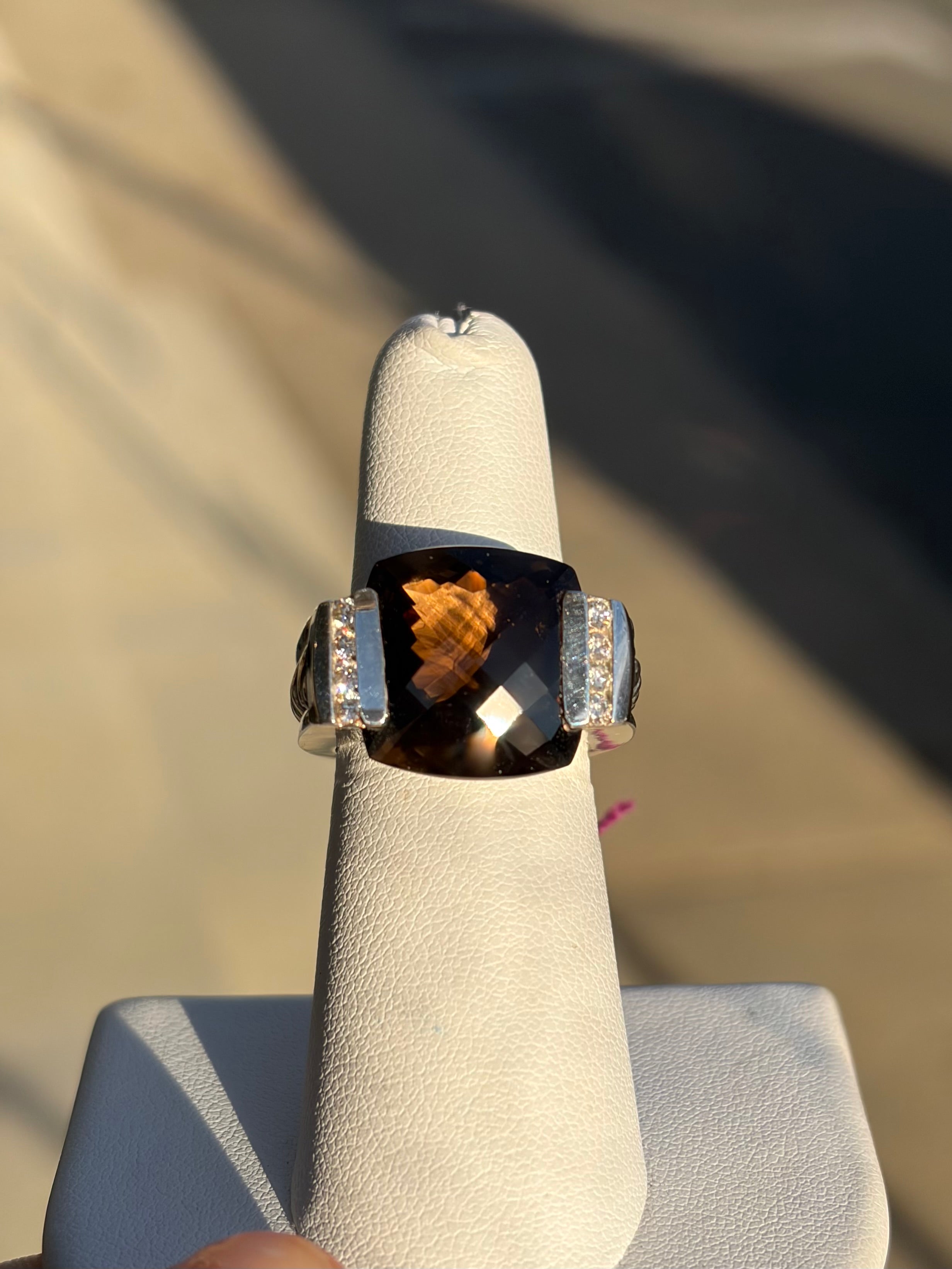 David Yurman Sterling Ring with Smokey Quartz & Diamonds