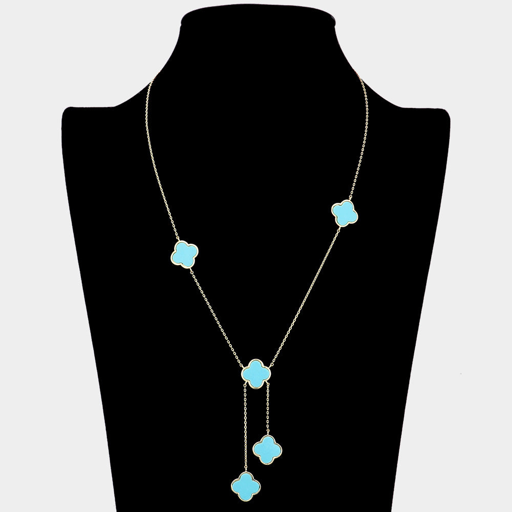 Turquoise Gold Dipped Brass Metal Natural Stone Quatrefoil Station Necklace