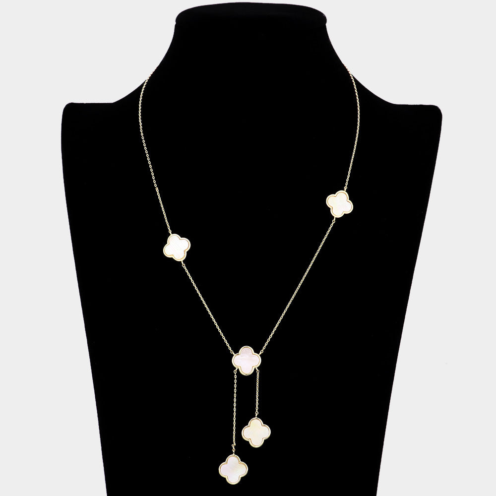Gold Dipped Brass Metal Natural Stone Quatrefoil Station Necklace