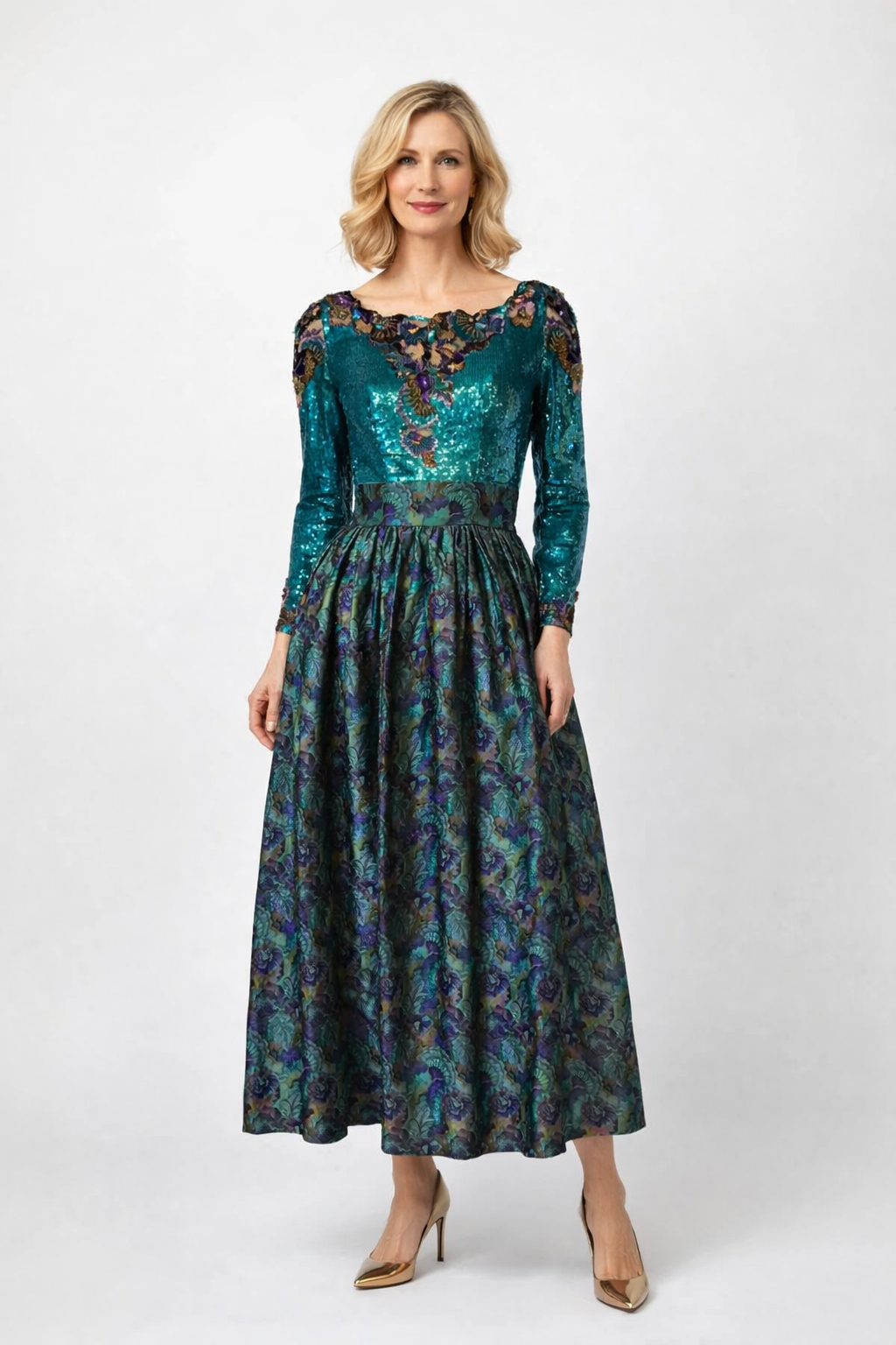 1980s Mary McFadden Teal & Purple Sequinned /beaded Brocade Couture Gown-size 2