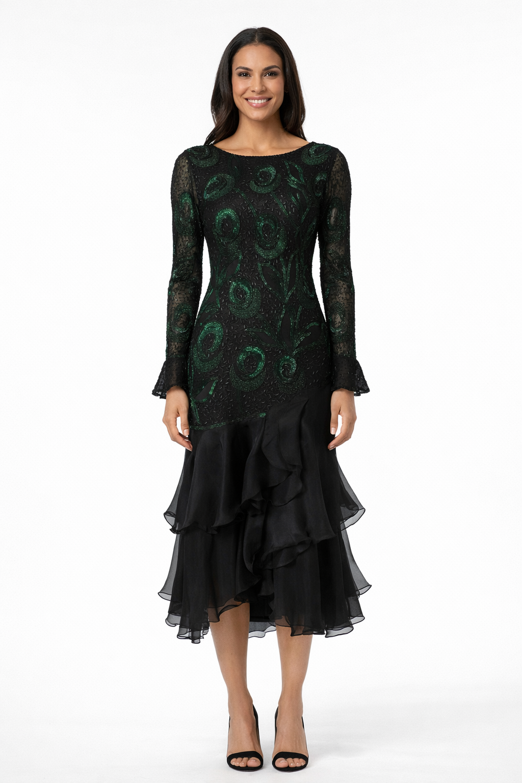 1980's Black Silk Chiffon Bodice /Silk Crepe Skirt  Green Beaded Peacock Motif Evening Dress-size 4