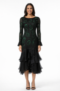 1980's Black Silk Chiffon Bodice /Silk Crepe Skirt  Green Beaded Peacock Motif Evening Dress-size 4