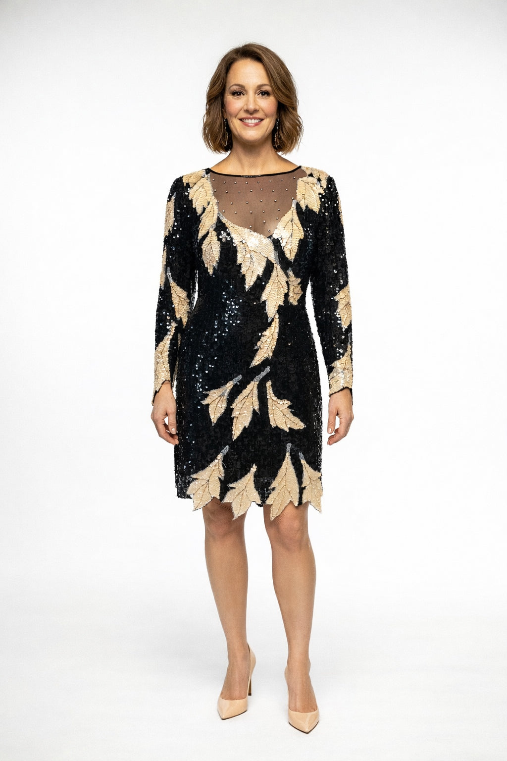 1980's Cream and Black Sequined leaf designCocktail Dress-size 8/9