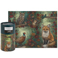 Jigsaw puzzle packaging with a fox, owl, and pheasant 