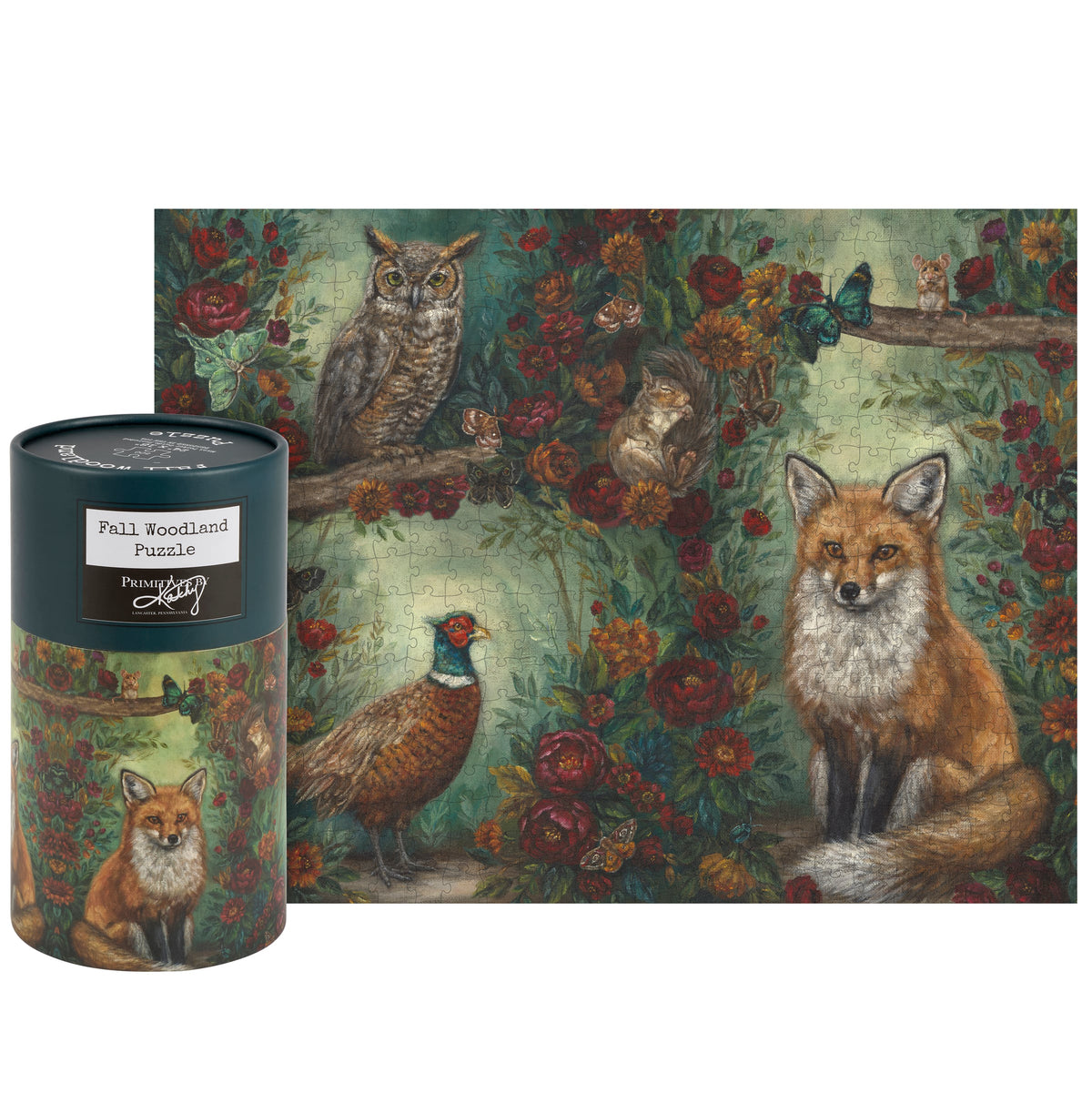 Jigsaw puzzle packaging with a fox, owl, and pheasant 