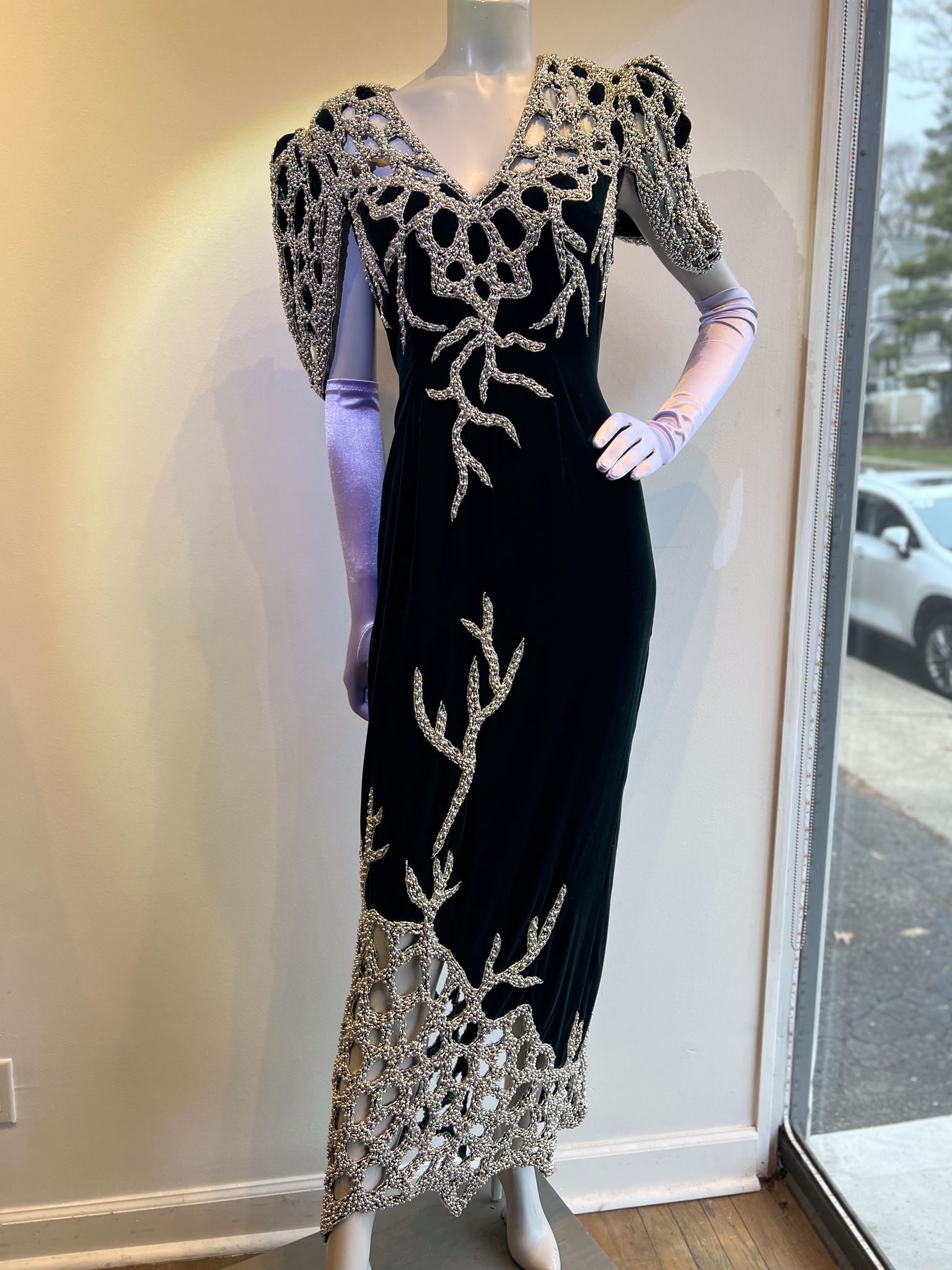 1980’s Forest Green Silk Velvet and Silver Beads Gown attributed to Bob Mackie Gown Size 8