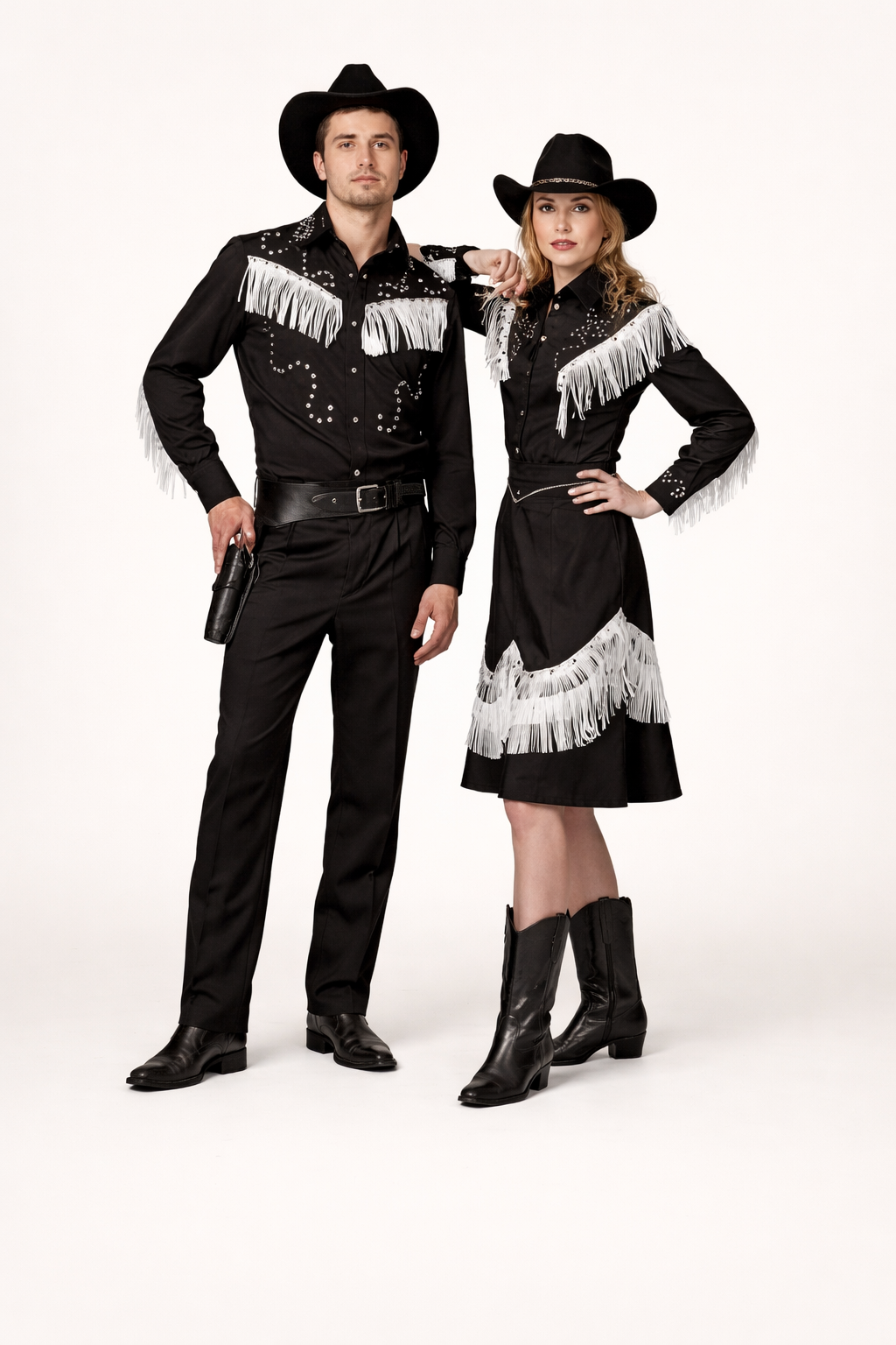 Fringed Cowboy & Girl Black & White, Couple's Costume Dress Rental