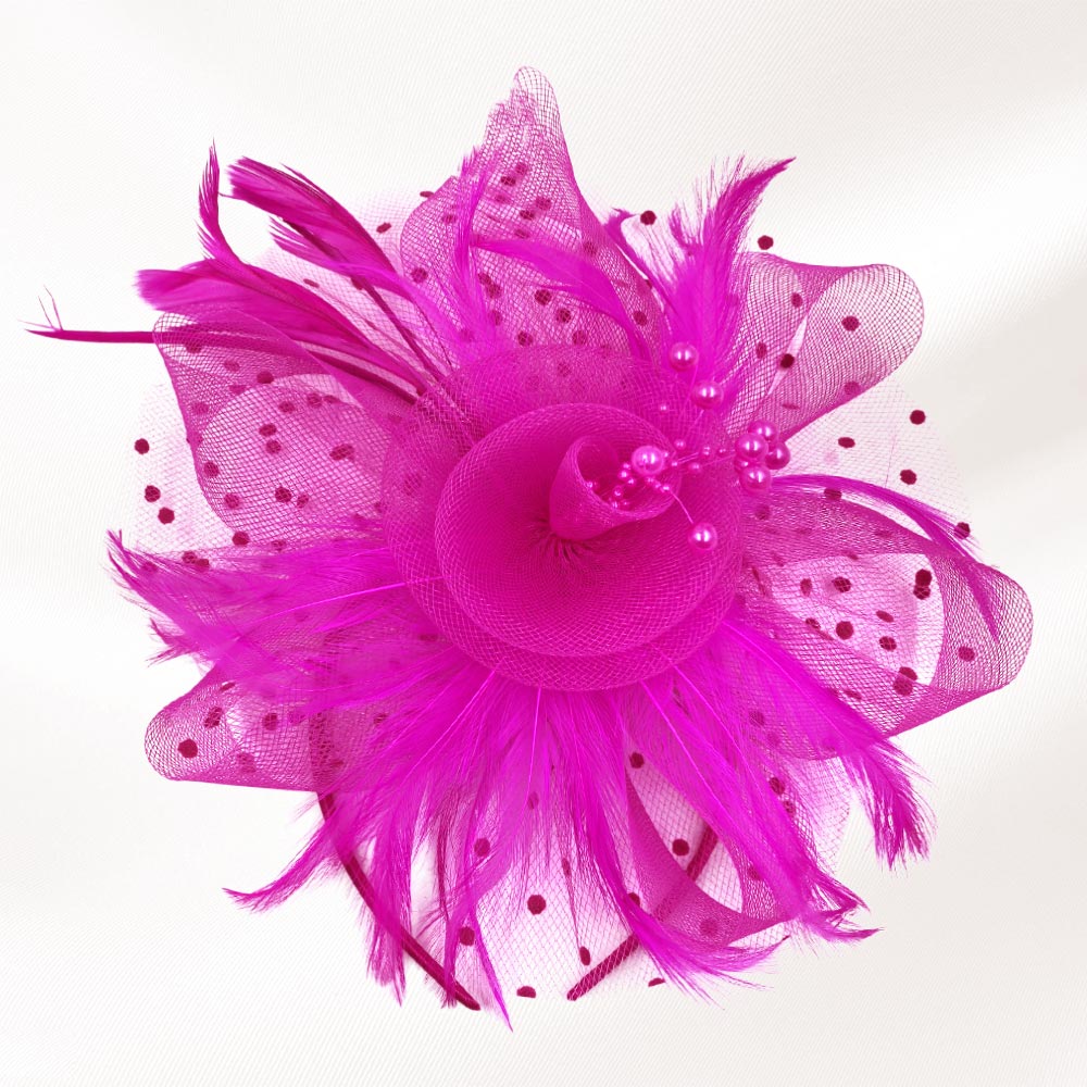 Fuschia Pearl Stamen Flower Feather Veil Fascinator & Headband