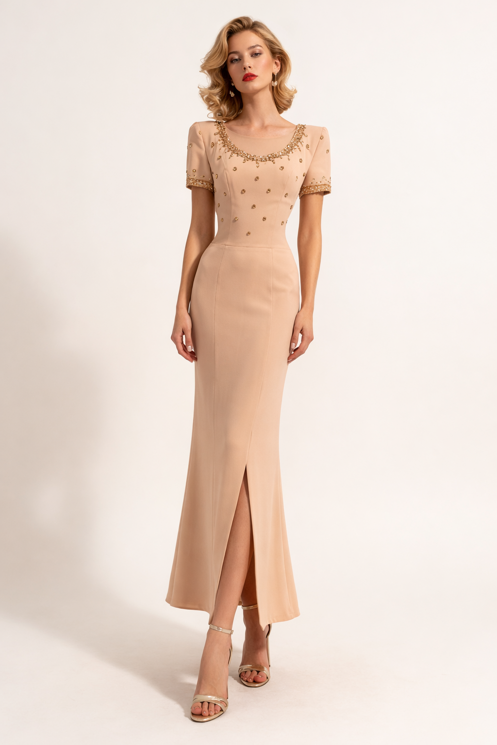 Gold Beaded Beige Crepe Gown 1940's Women's Costume Rental