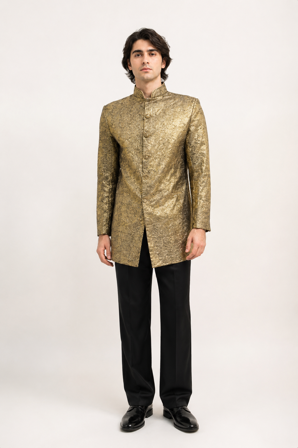 Gold Nehru Jacket 1960’s Men’s Costume Rental | Retro Brocade Formalwear