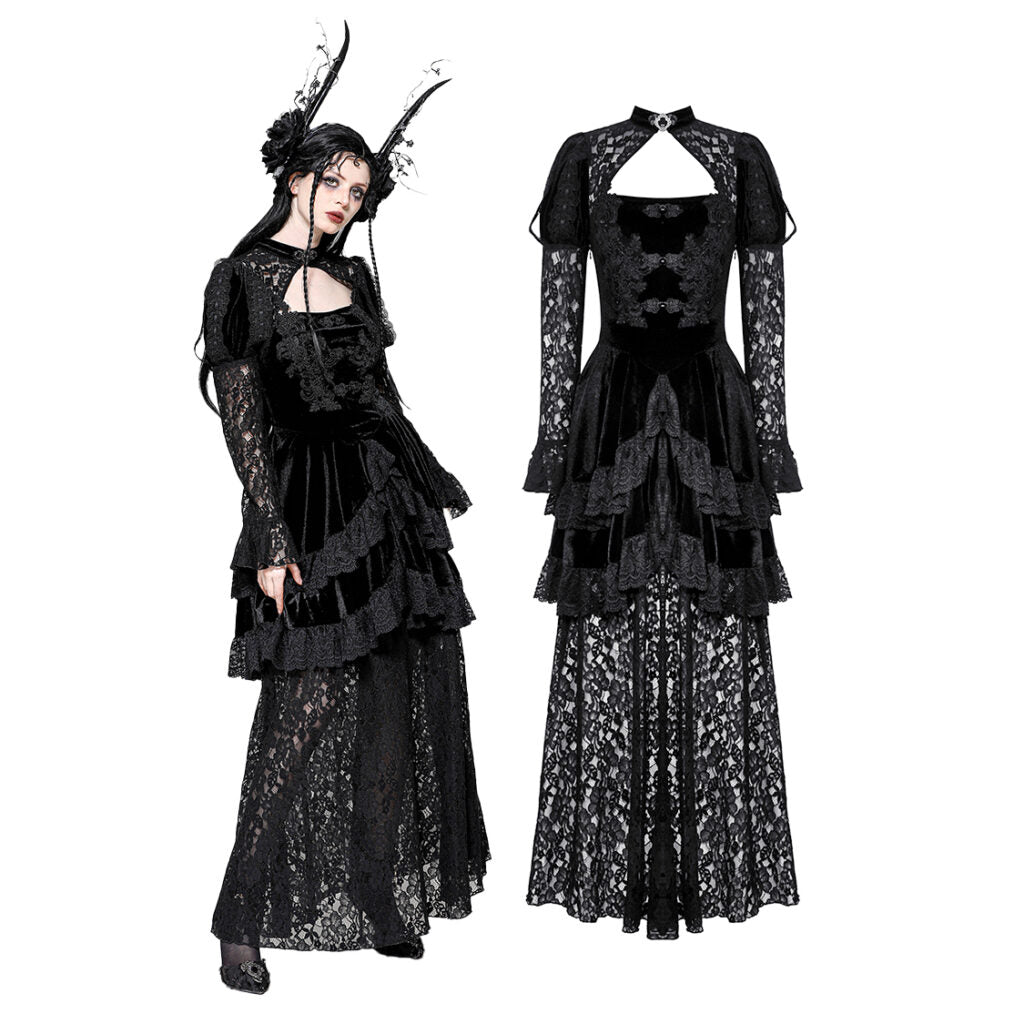 Gothic black ruffle overlay lace dres