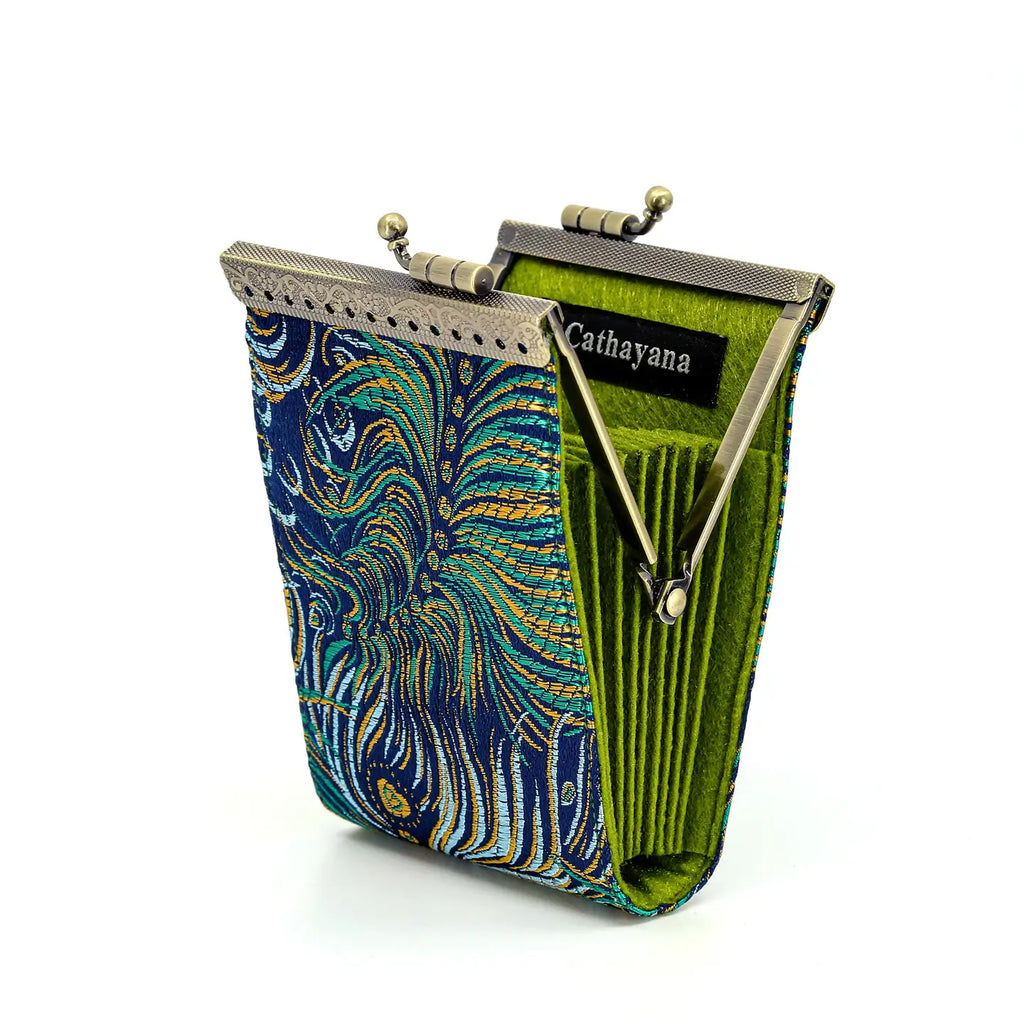 Green Brocade Peacock Card Holder w/ Rfid, Card Case, Card Wallet