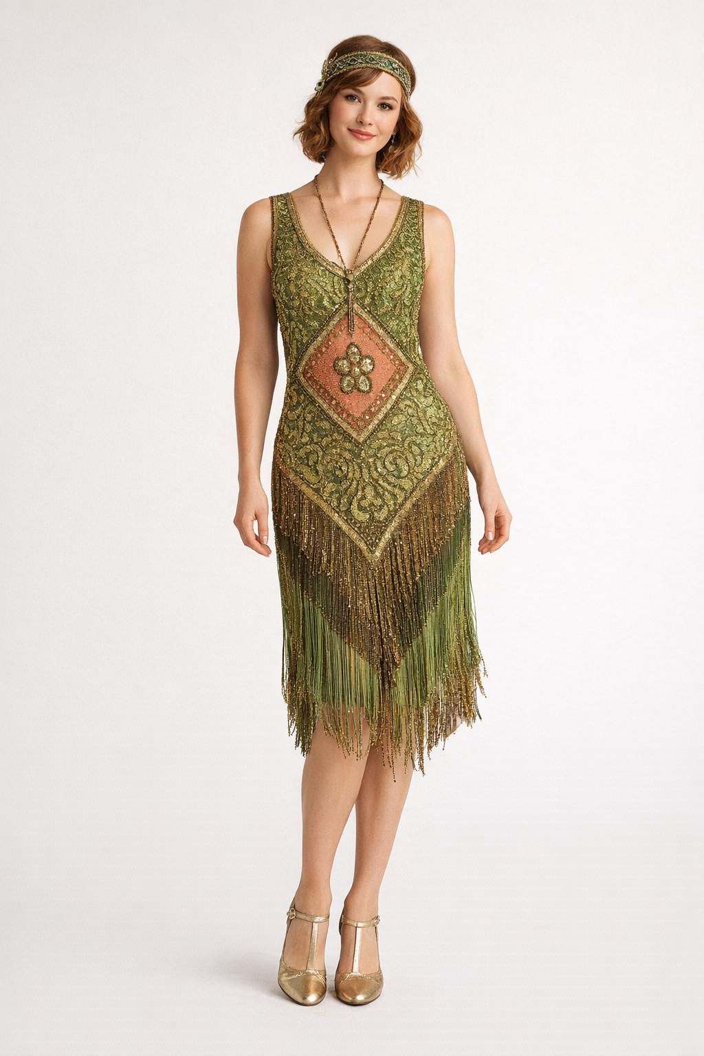 Green Bronzed Beaded Flapper Dress 1920's, Women's Costume Rental