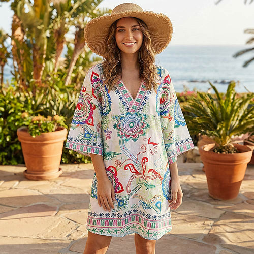 Green Colorful Boho Floral Print V-neck Tunic Beach Dress