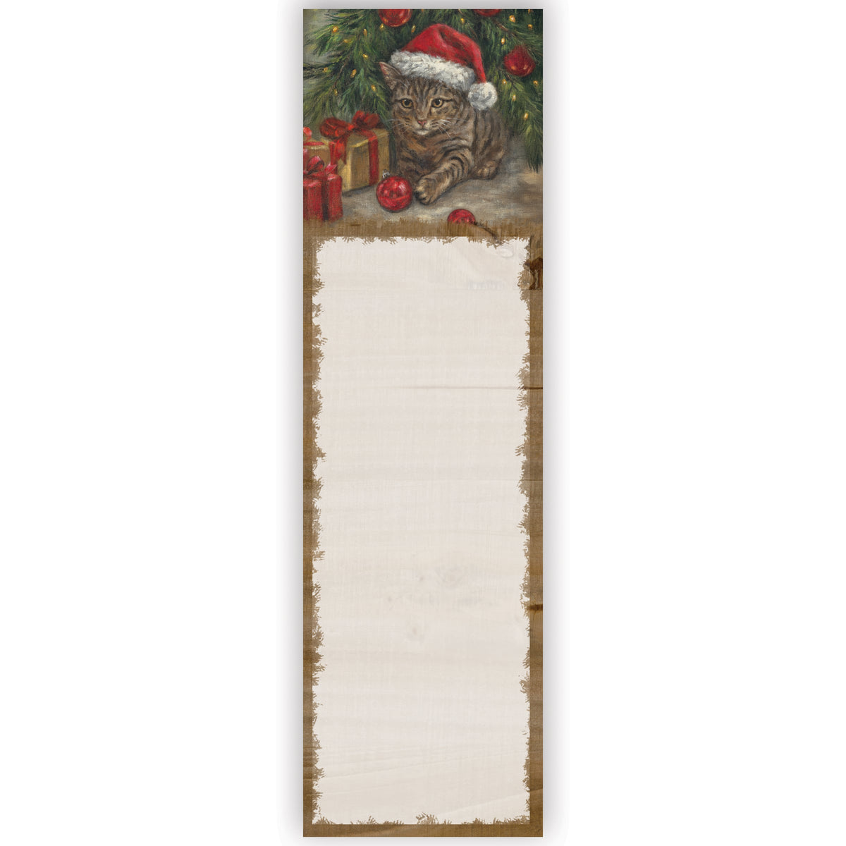 Vertical notepad with a Christmas-themed illustration of a cat wearing a Santa hat on a white background.