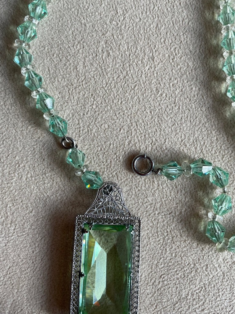 Art Deco Filigre Mint Green Crystal Necklace