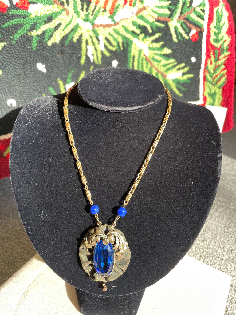 Art  Noveau Blue crystal and Brass necklace and earrings set