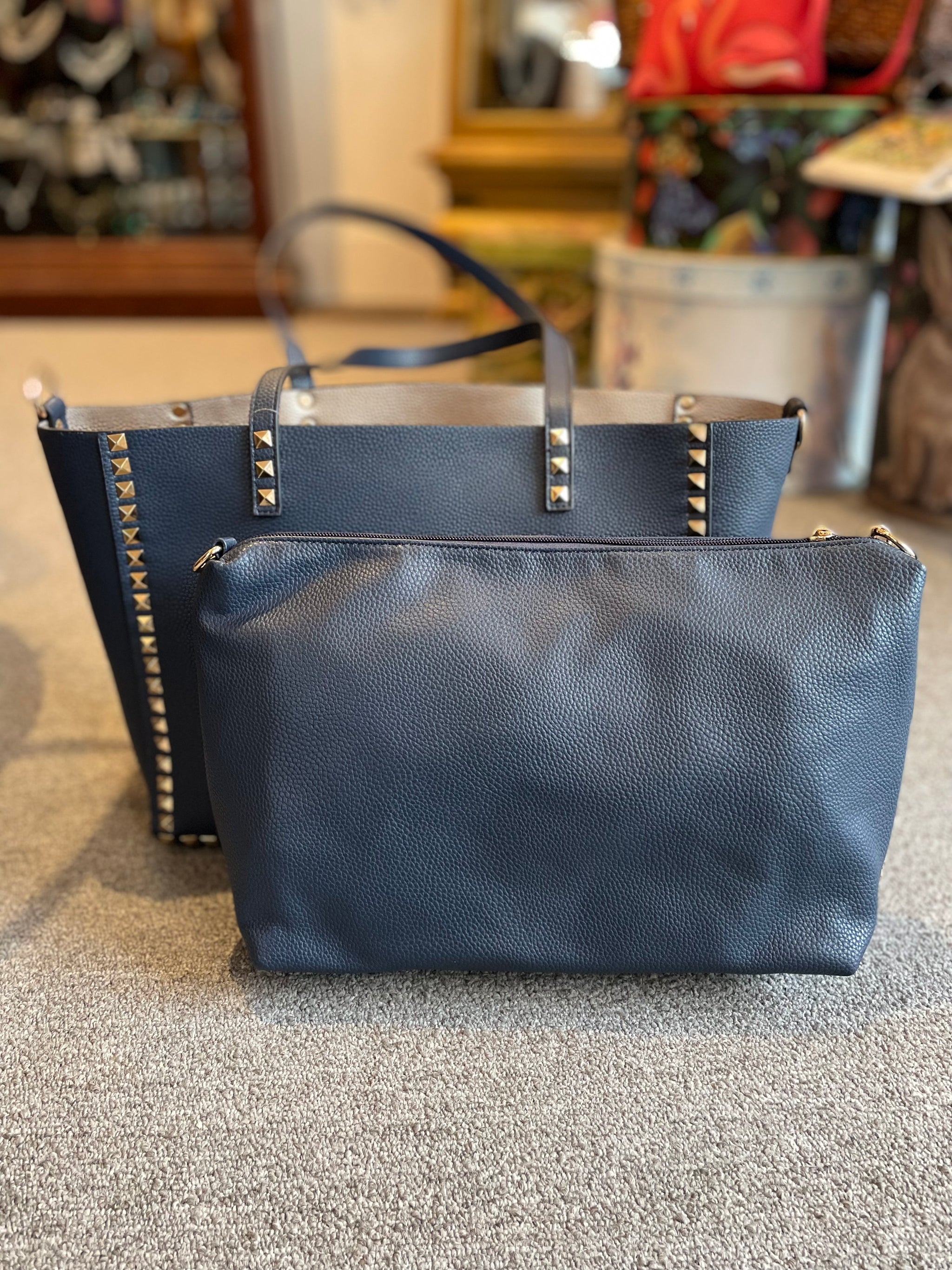 Navy Blue and Gold Large Inzi Studded Tote Handbag