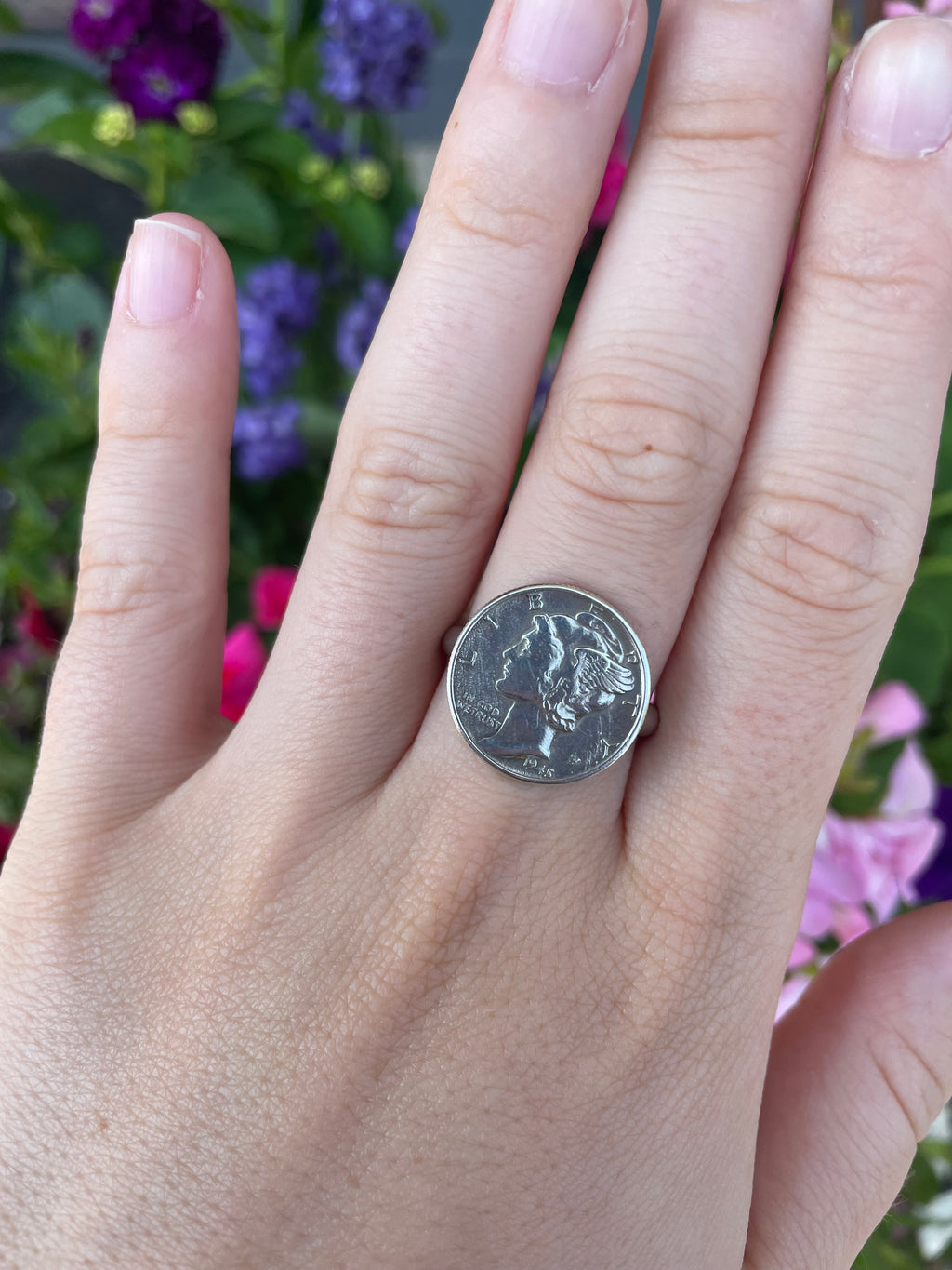 Sterling Mercury Dime  Head Ring