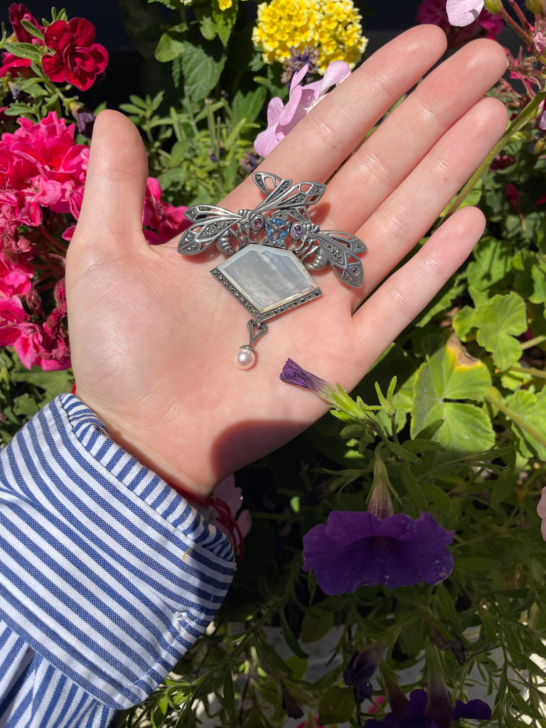 Sterling double dragonfly marcasite pin with blue topaz,amethyst and mother of pearl