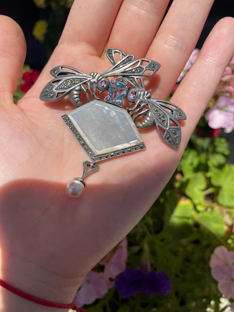 Sterling double dragonfly marcasite pin with blue topaz,amethyst and mother of pearl