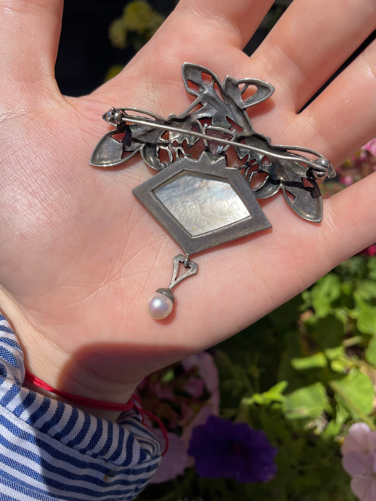 Sterling double dragonfly marcasite pin with blue topaz,amethyst and mother of pearl