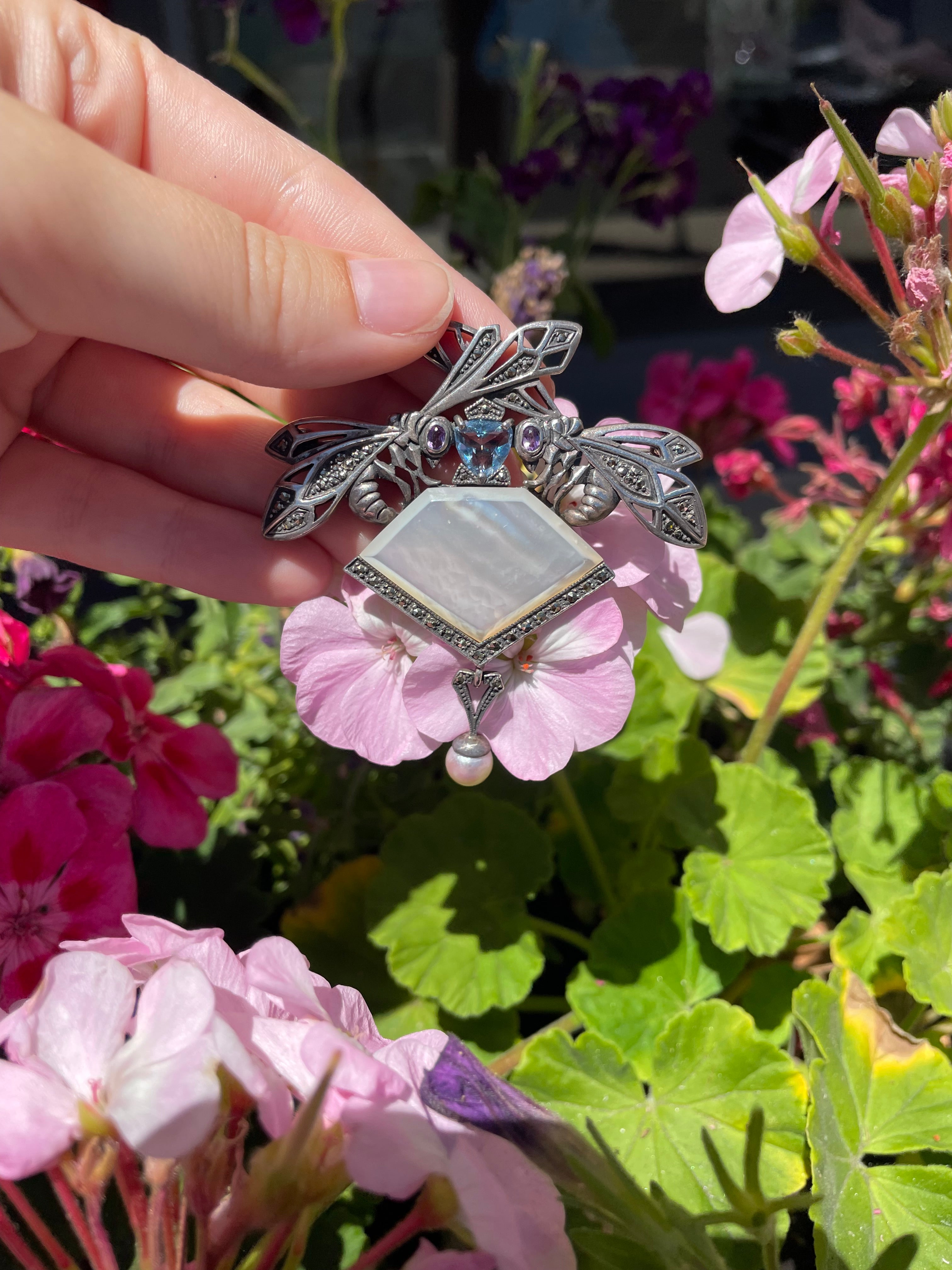Sterling double dragonfly marcasite Pin / Brooch with blue topaz,amethyst and mother of pearl