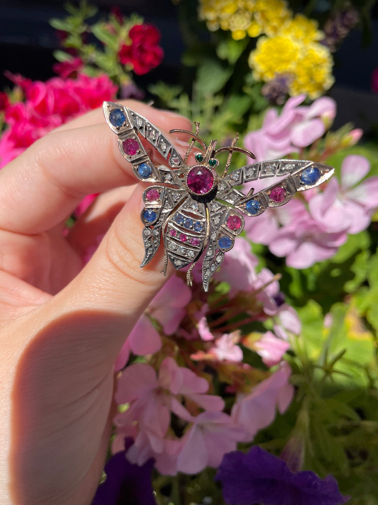 Victorian 12kt ruby sapphire and Diamond butterfly pin