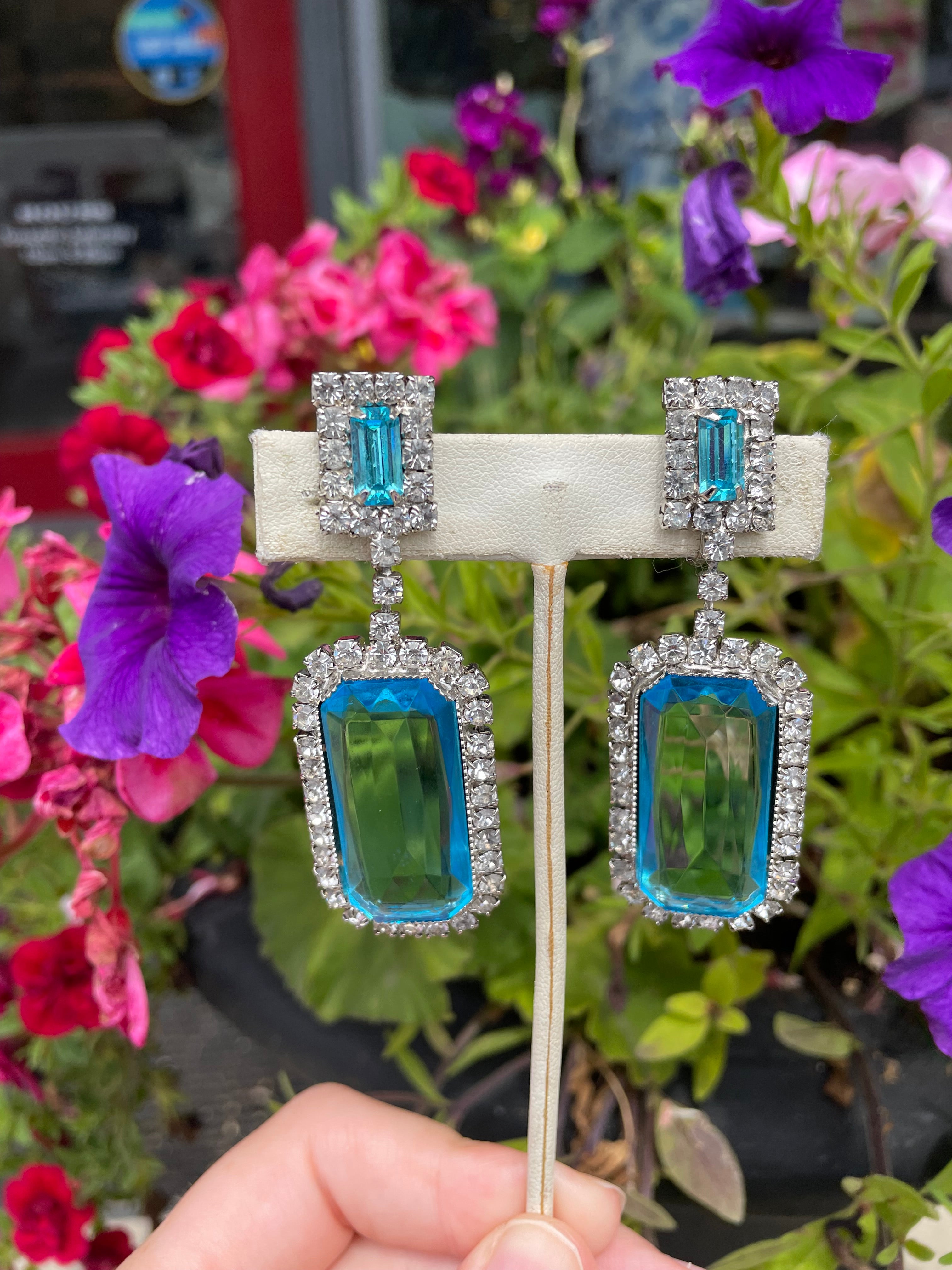 Vintage 1980s Blue Rectangular Rhinestone Earrings