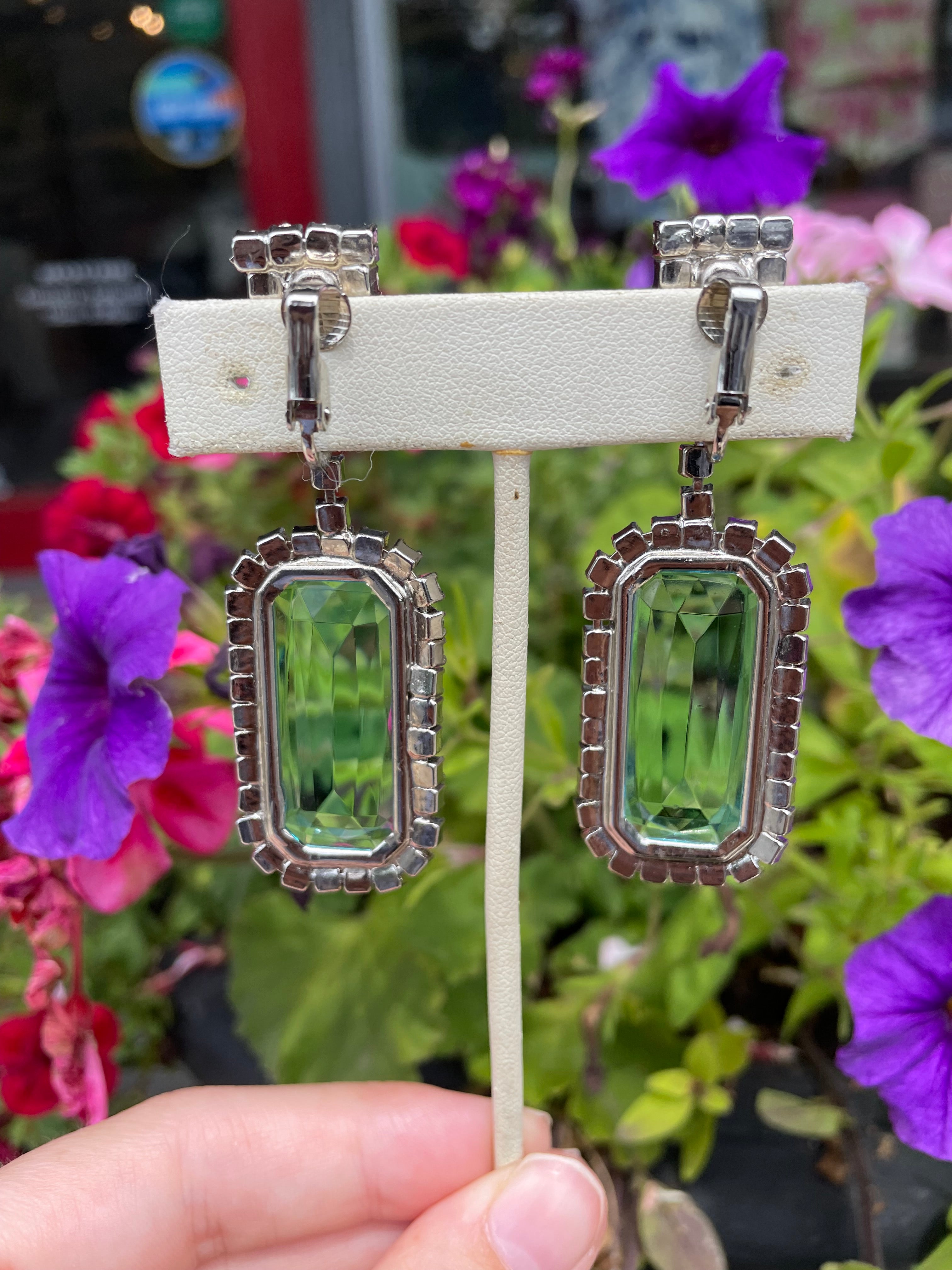 Vintage 1980s Blue Rectangular Rhinestone Earrings