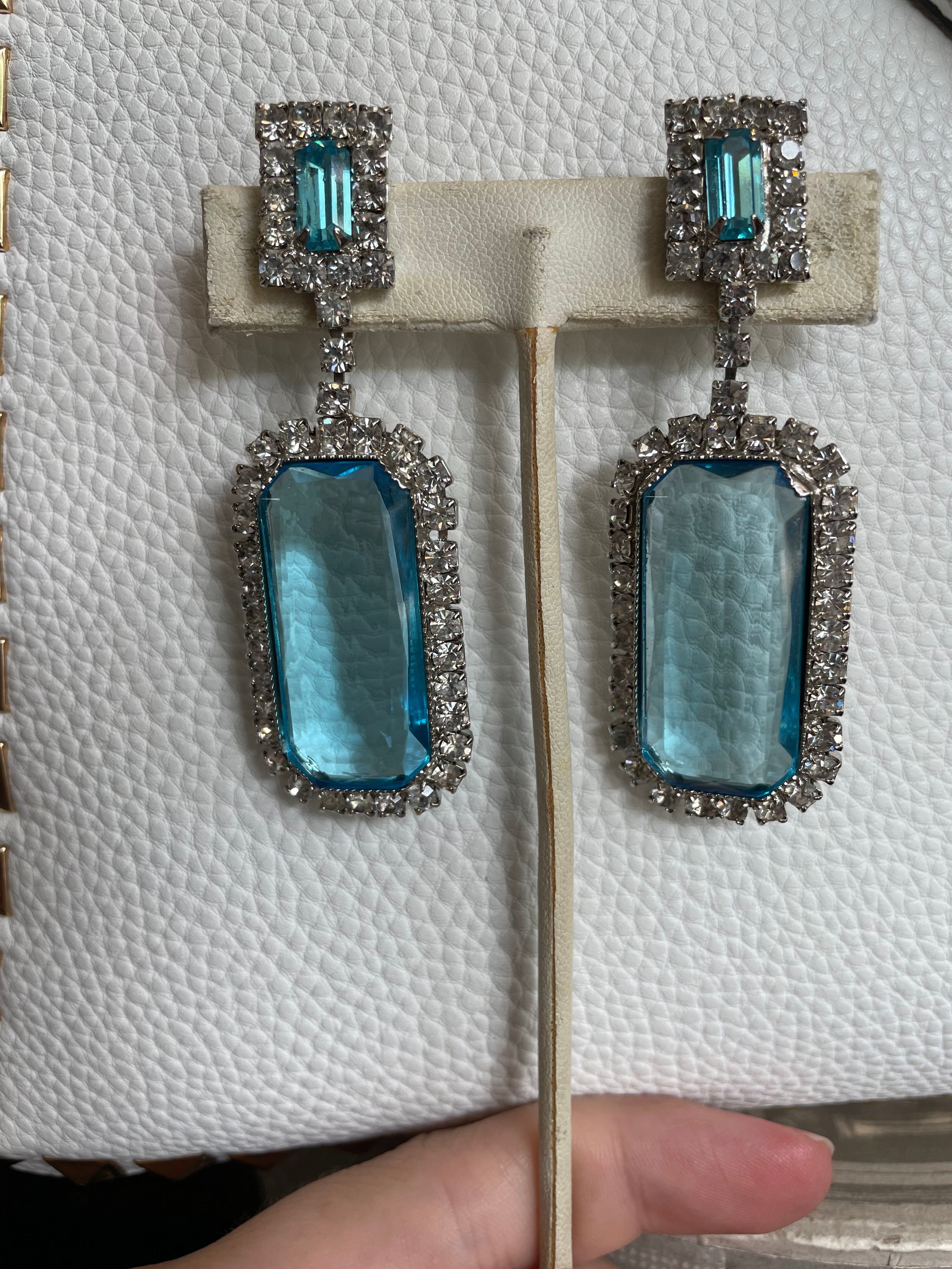 Vintage 1980s Blue Rectangular Rhinestone Earrings