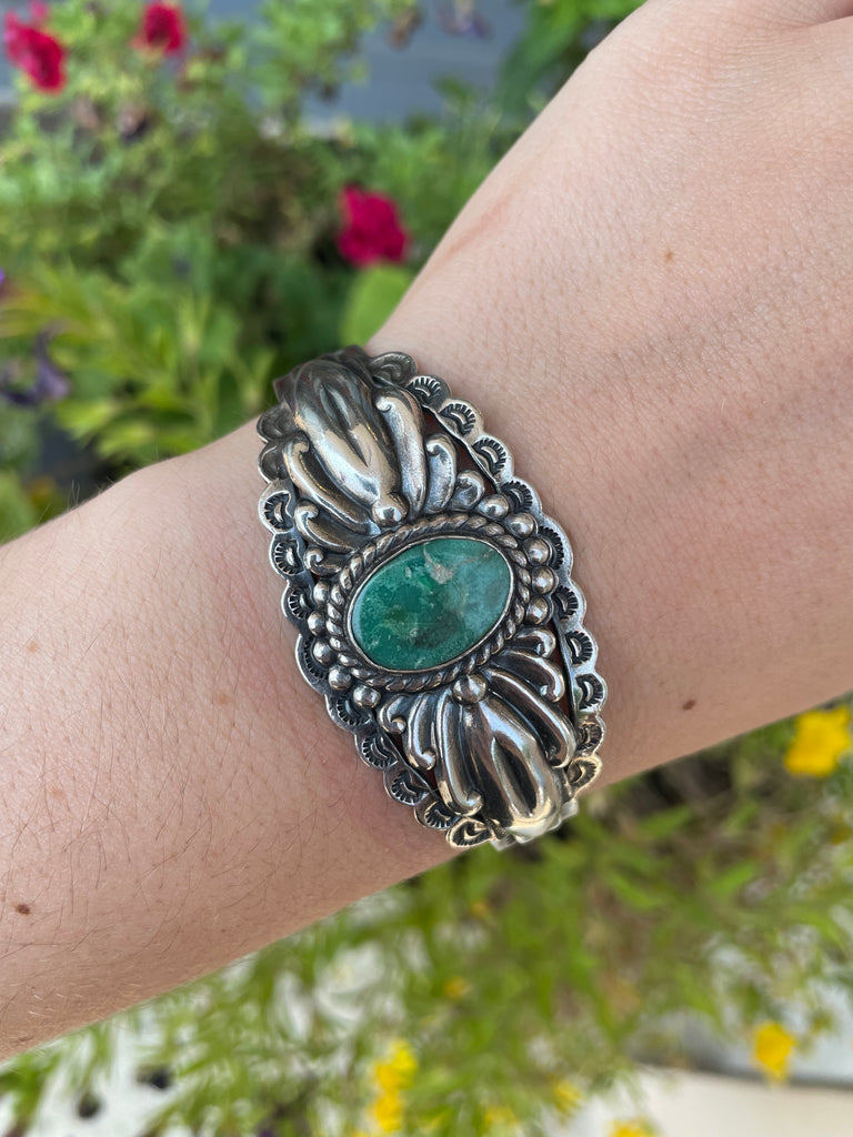 Navajo Sterling Cuff with Turquoise center stone -1970's