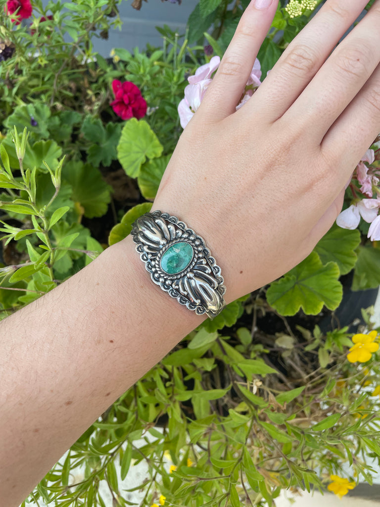 Navajo Sterling Cuff with Turquoise center stone -1970's
