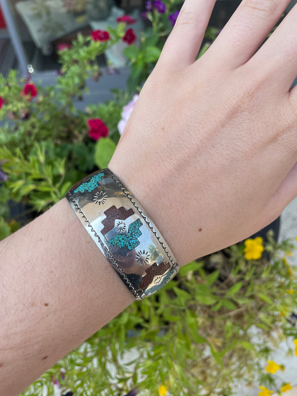 Vintage  70's Sterling Inlaid Navajo Cuff