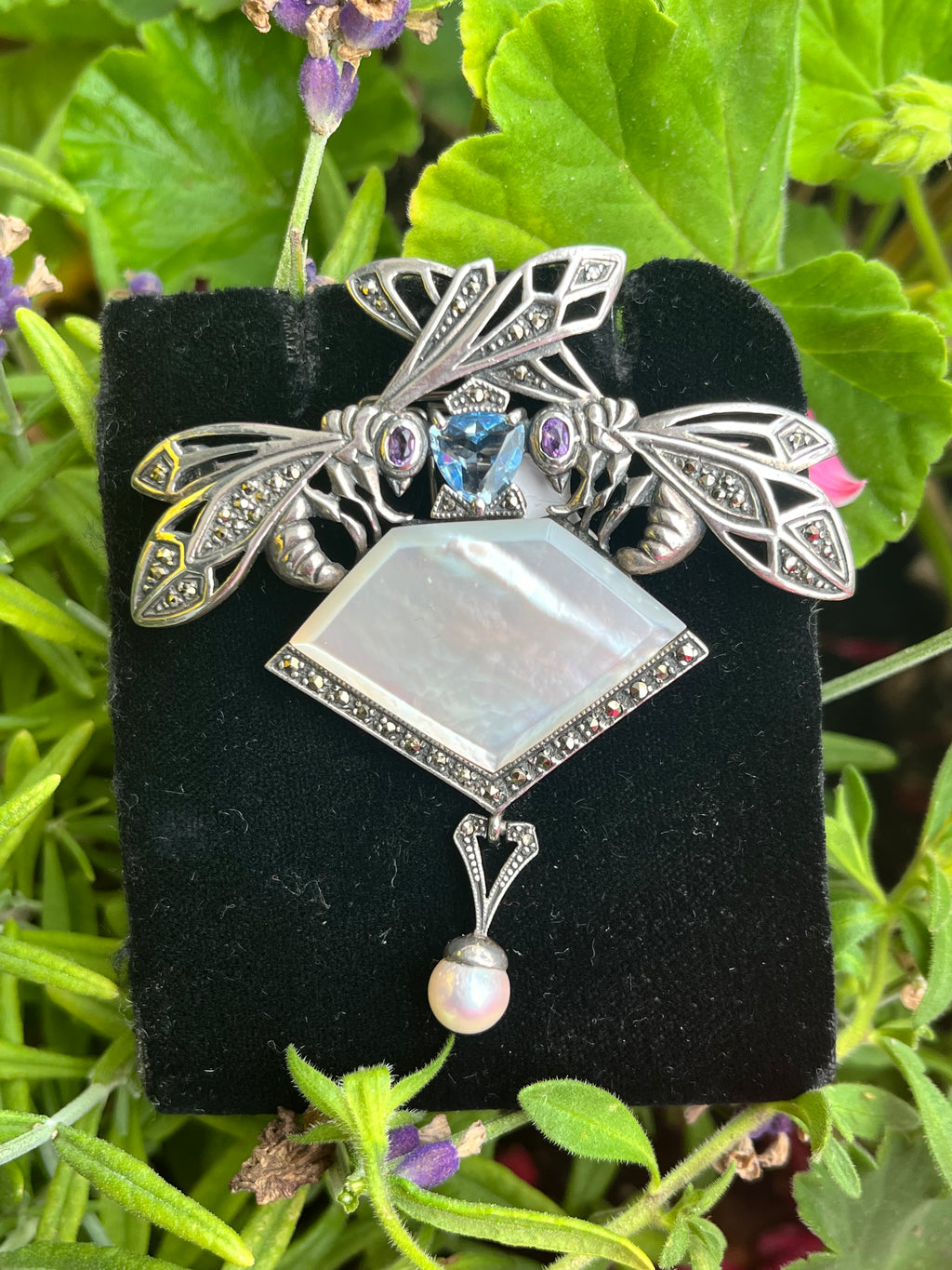 Sterling double dragonfly marcasite Pin / Brooch with blue topaz,amethyst and mother of pearl