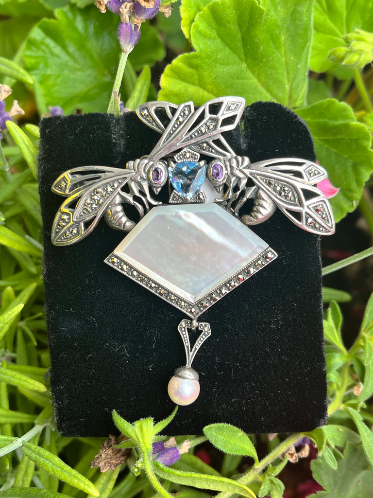Sterling double dragonfly marcasite pin with blue topaz,amethyst and mother of pearl