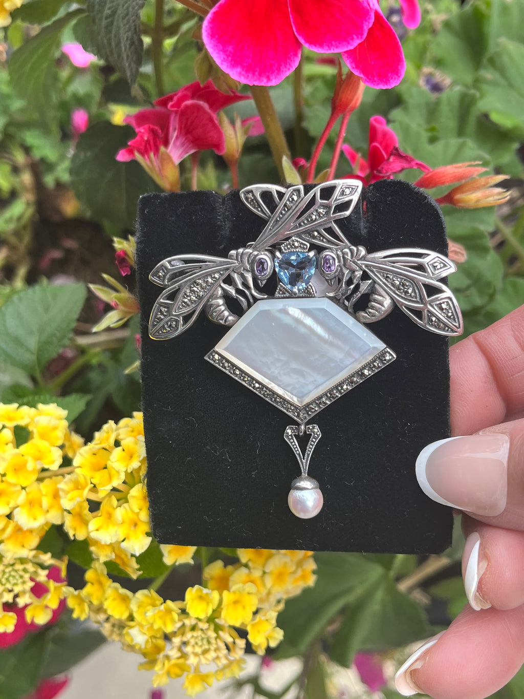 Sterling double dragonfly marcasite pin with blue topaz amethyst and mother of Pearl 