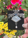 Sterling double dragonfly marcasite pin with blue topaz amethyst and mother of Pearl 