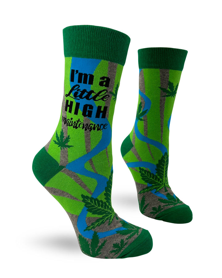 "I'm a Little High Maintenance" Funny - Women's Novelty Crew Socks  Featuring Cannabis Leaves