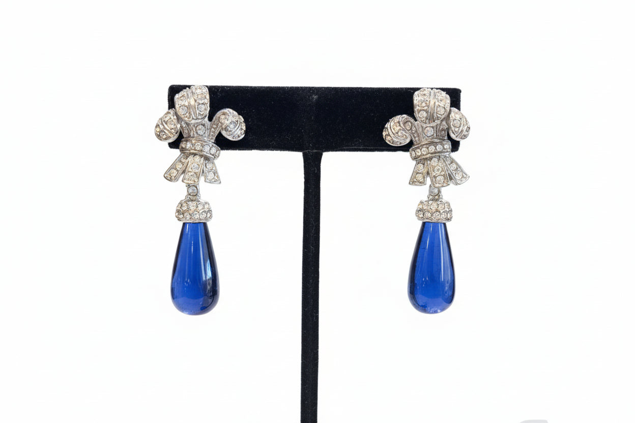 Kenneth J Lane Rhinestone with Sapphire Blue Glass Drop Earrings