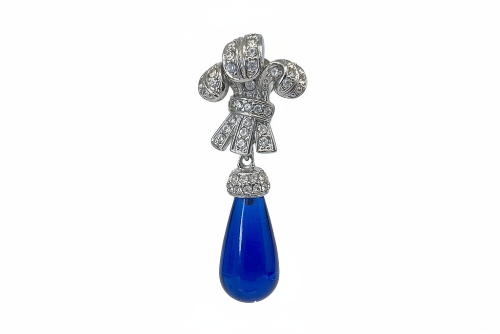 Kenneth J Lane Rhinestone with Sapphire Blue Glass Drop Earrings