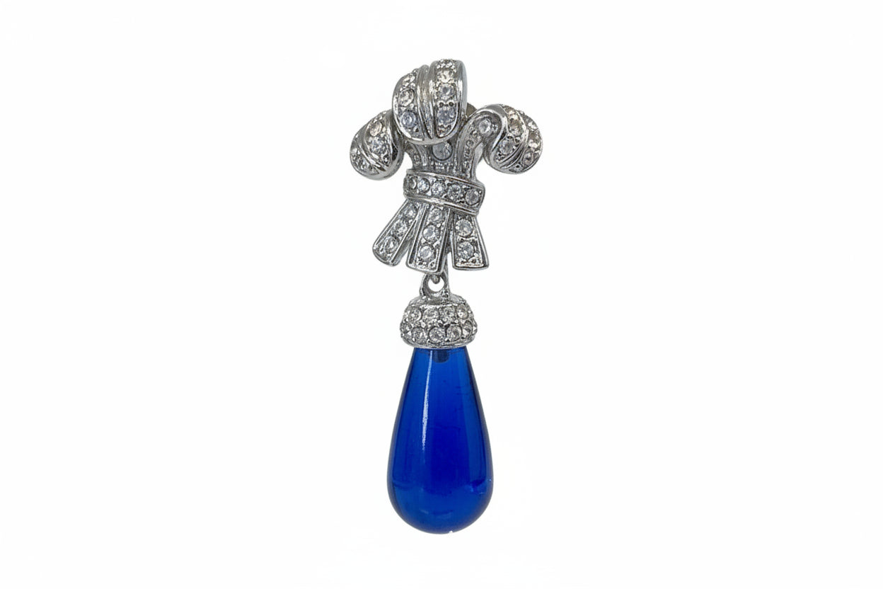 Kenneth J Lane Rhinestone with Sapphire Blue Glass Drop Earrings