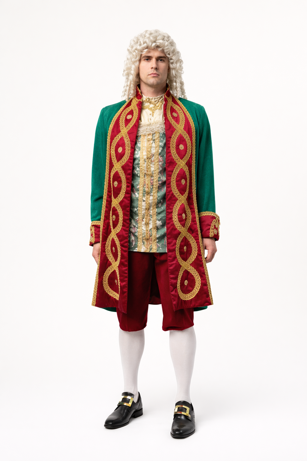 King Louis Green & Maroon Formal Coat, 18th Century Men's Costume Rental