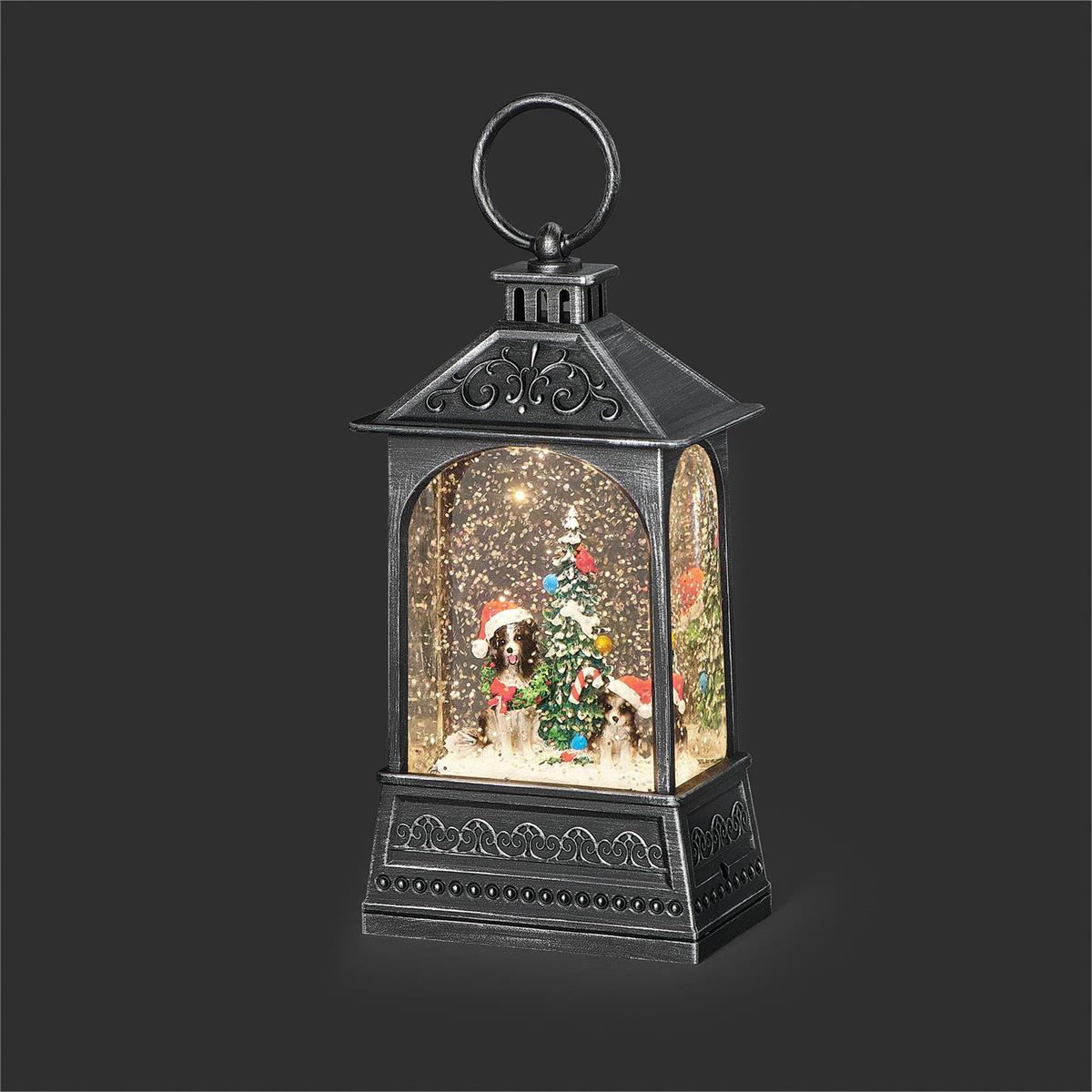 8"H LIGHTED SWIRL DOG LANTERN WITH CHRISTMAS TREE